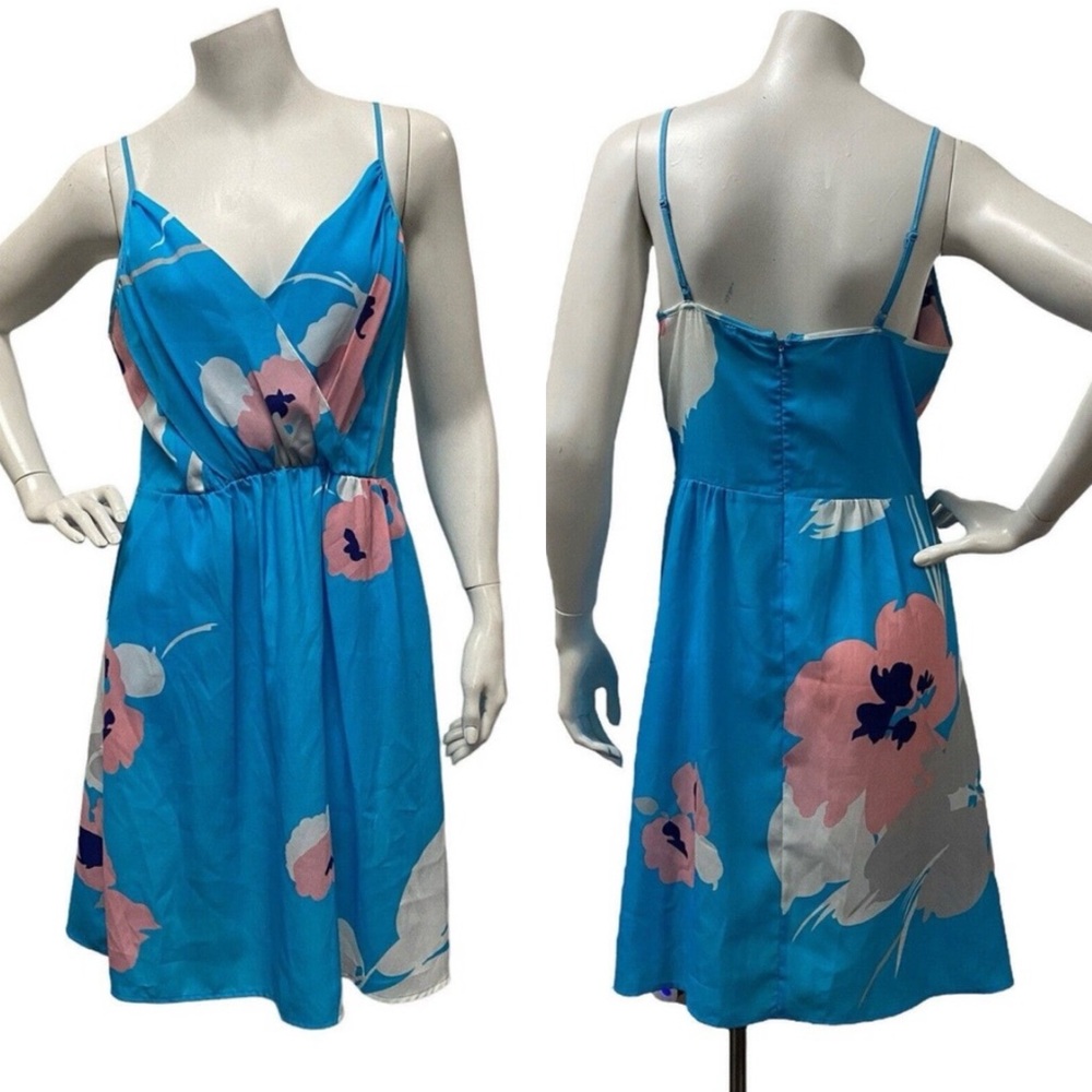 Women's Yumi Kim Blue Floral‎ V Neck Draped Mini Dress Size Small Pockets